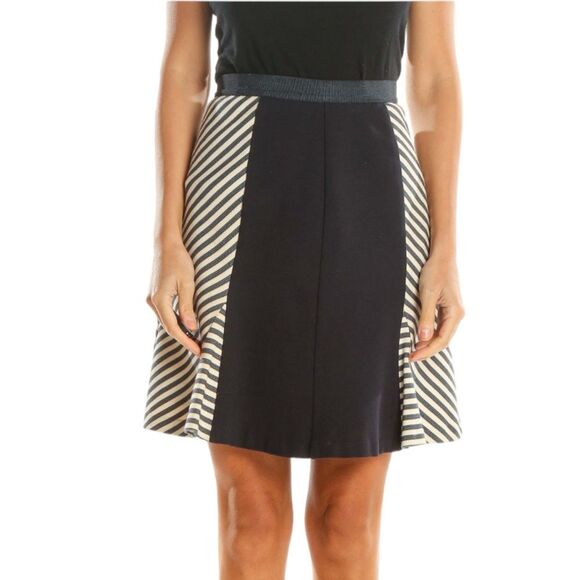 ANN TAYLOR Blue Cream Colorblock Striped Retro A-Line Skirt - Picture 2 of 10